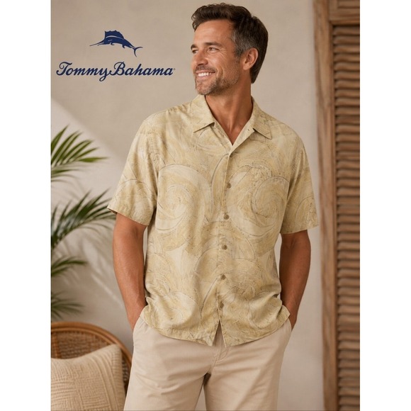 Tommy Bahama Other - Tommy Bahama Mens Large 100% Silk Short Sleeve Button Down Shirt Abstract Tan